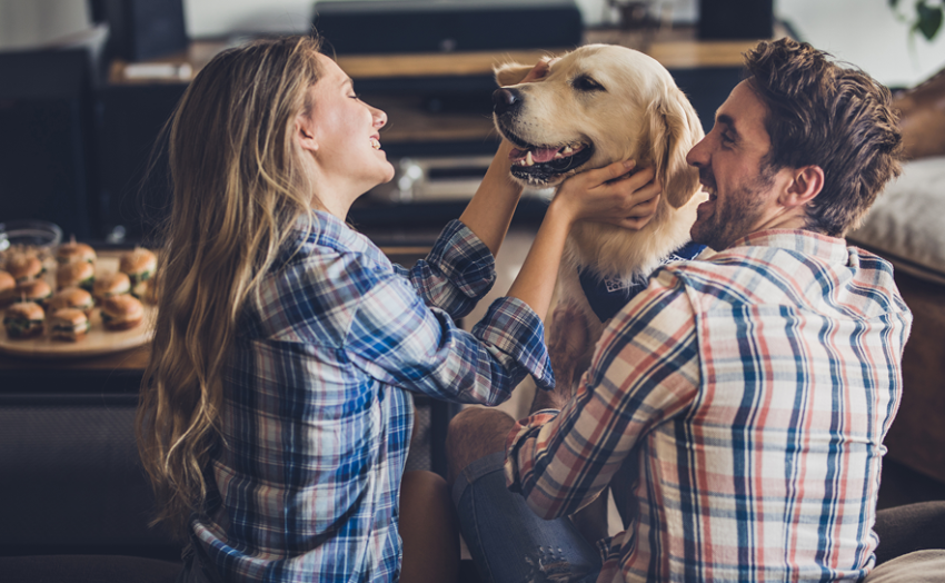 Couple celebrating national pet day with dog